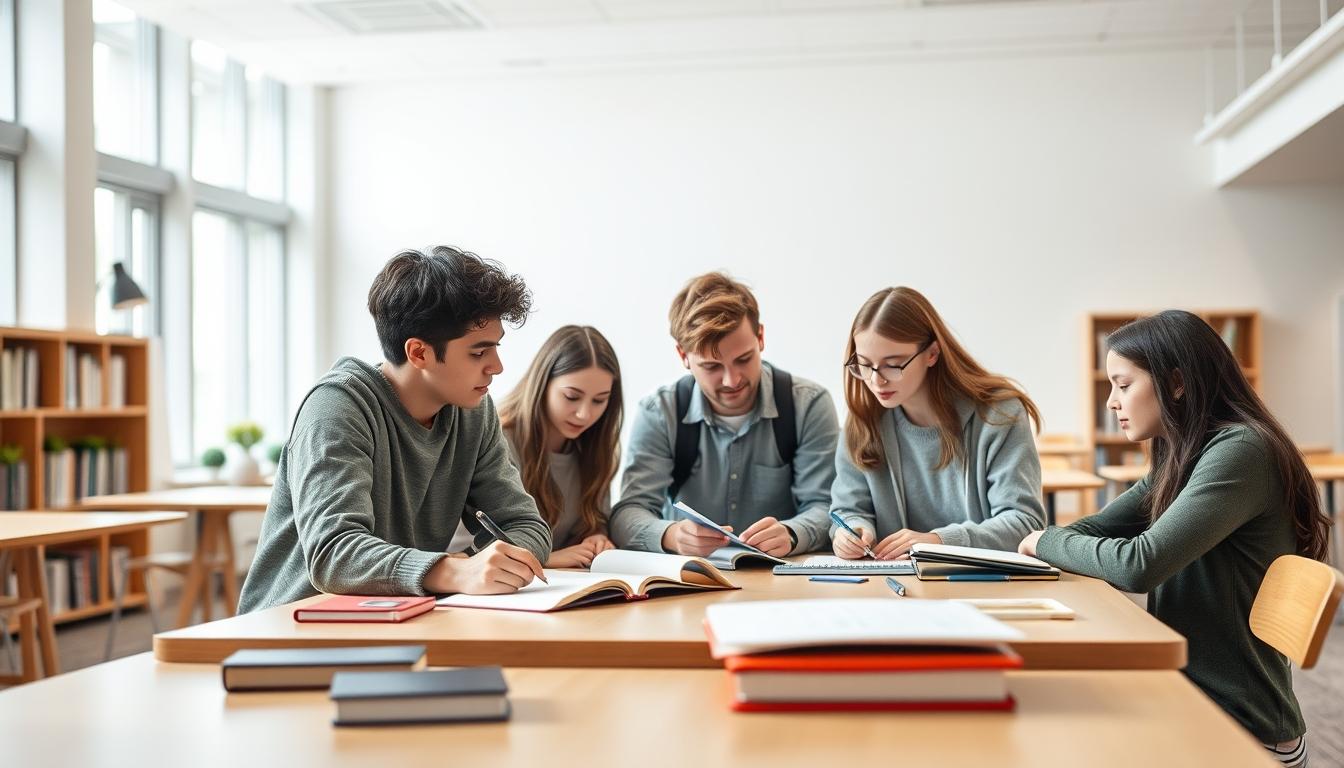 Students studying together in modern classroom